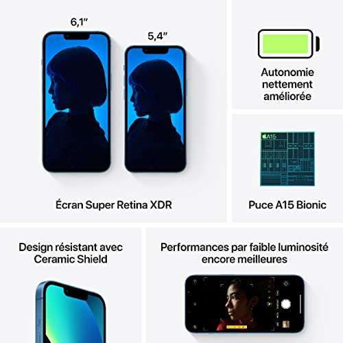 Sélection de smartphones Apple en promotion - Ex : Smartphone 6.1" Apple iPhone 13 - 128 Go, bleu