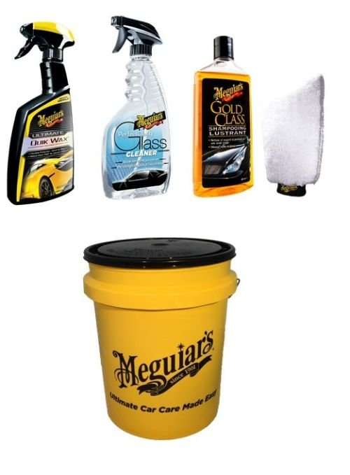 Kit entretien Meguiars - gant de lavage + seau + nettoyant vitres (47.3 cl) + shampooing Gold Class (50cl) + Cire Eclair Ultimate (47.3cl)