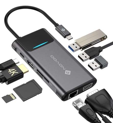 Hub USB Novoo C 9 en 1, Adaptateur USB C avec RJ45 Gigabit Ethernet, 4K  HDMI, VGA, 100W PD, Lecteur de carte SD/TF, 3 ports USB 3.0 –