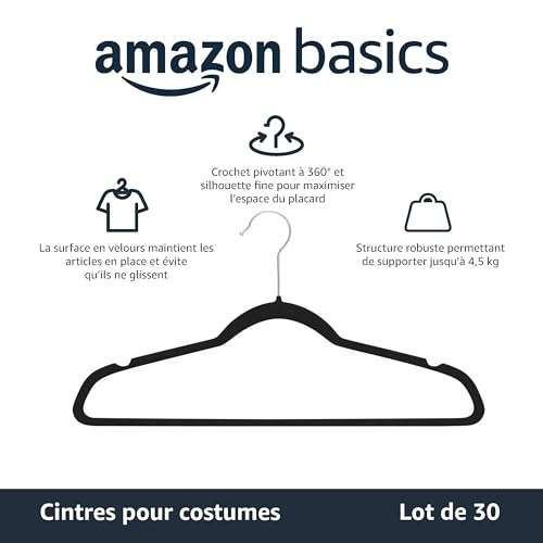 Lot De 30 Cintres en Velours Pour Costumes Noir Amazon Basics