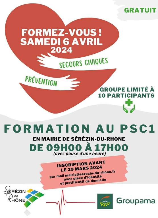 [Habitants] Formation Gratuite Prévention et Secours Civiques de Niveau 1 (PSC1) - Sérézin-du-Rhône (69)