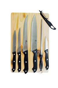 Kit Coffret Pradel Excellence 7416 : planche en bois avec 5 couteaux de cuisine, 1 éplucheur et 1 fusil