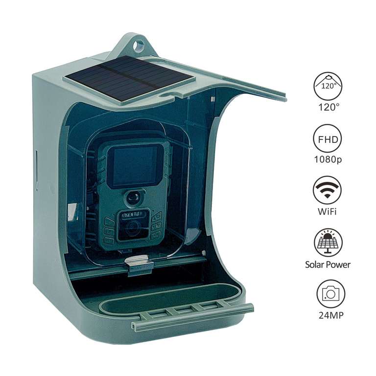 Mangeoire/Caméra d'observation connectée pour oiseaux - Caméra 1080P 120°, Wifi, IP65, Panneaux solaires (Entrepôt Allemagne)