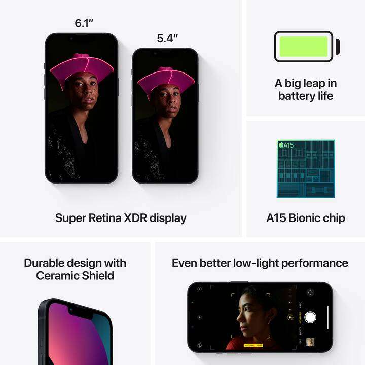 Smartphone 5.4" Apple iPhone 13 Mini 5G - 4 Go RAM, 128 Go, Noir (Frontaliers Suisse)