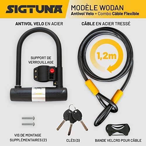 Antivol Velo SIGTUNA 1,2m Câble, 16 mm Robuste Antivol de Vélo et Support,  3 Clés de Haute Sécurité (Via coupon - Vendeur tiers) –