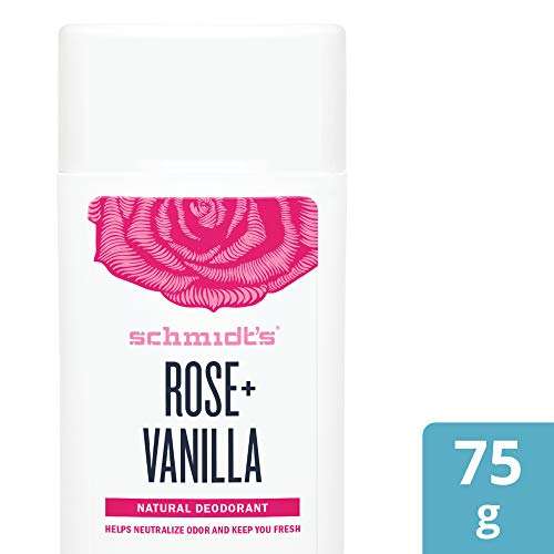 Déodorant Stick d'Origine Naturelle Schmidt's Rose et Vanille - Efficacité 24h, Certifié Vegan, 75g