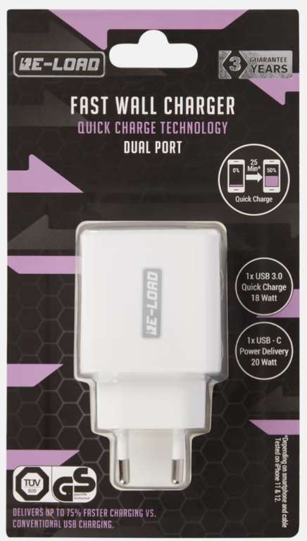 Chargeur secteur rapide double Re-load - USB 3.0 et USB-C, 20w