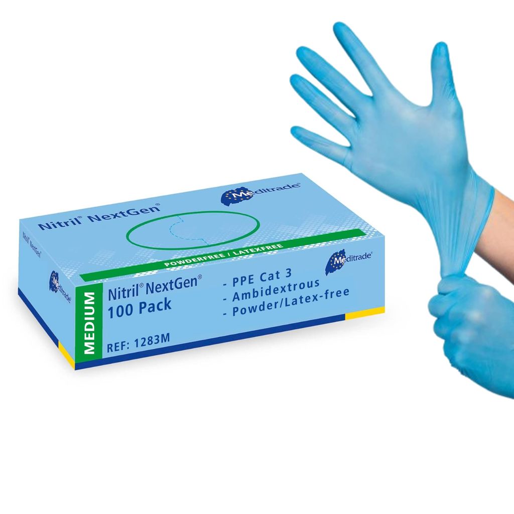 Boite de 100 gants d'examen et de protection extensibles sans poudre Meditrade 1283M - non stériles, Bleu, Taille M