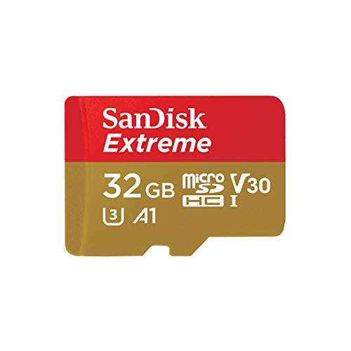 Carte MicroSDHC Sandisk Extreme - 32 Go + SD Adapter + Rescue Pro Deluxe (Classe 10, U3, V30, Red/Gold)