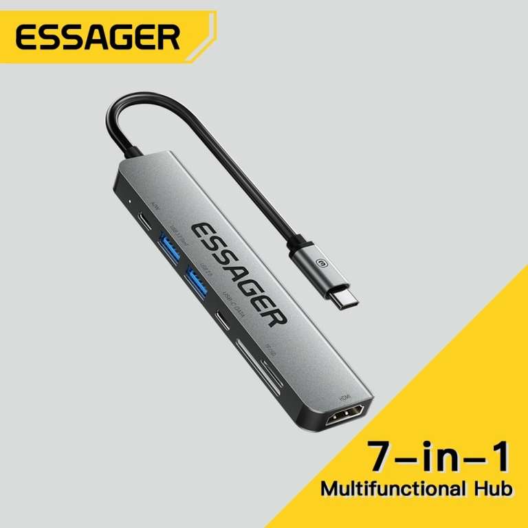 Hub USB-C (Type-C) 7en1 Essager - 4K HDMI, Lecteur SD/TF, Power Delivery 60W