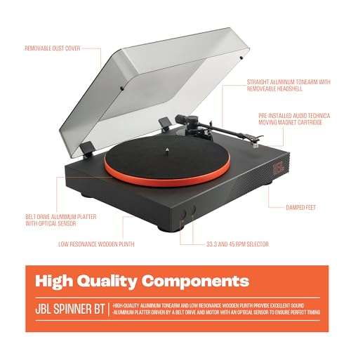Platine vinyle JBL Spinner BT, Bluetooth AptX-HD Record and Vinyl Player for Speakers and Headphones, Black/Orange
