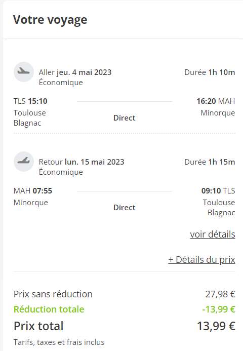 Sélection de Vols A/R Toulouse (TLS) <-> Minorque (MAH) - Ex: vols directs du 04/05 au 15/05 (via la compagnie Ryanair)