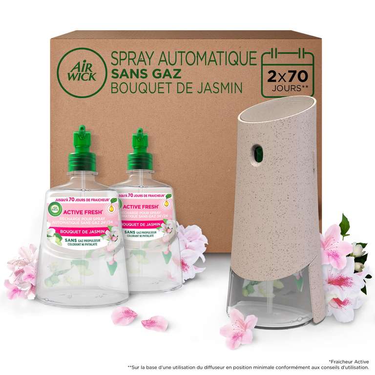 Désodorisant maison spray automatique Air Wick sans gaz Active Fresh - 1  Diffuseur + 2 Recharges parfum bouquet de jasmin –