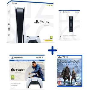 Sélection de Consoles PS5 - Ex: Pack Console PS5 + God of War Ragnarök + FIFA23 (Code) + DualSense Blanche + Station de recharge