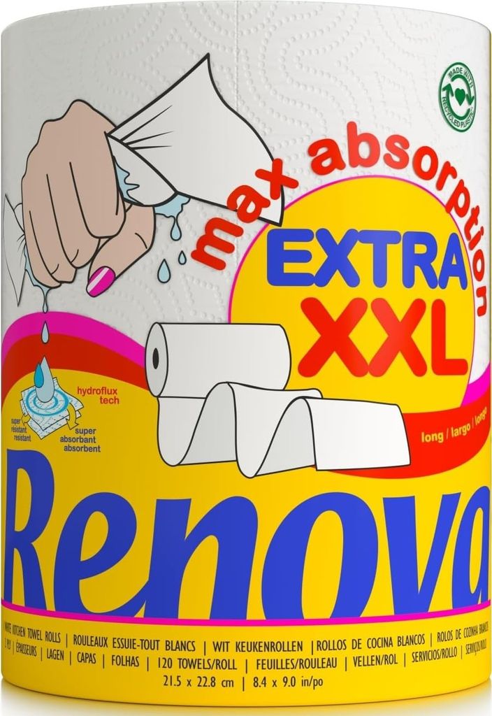 Essuie-tout Renova Extra XXL – 1 rouleau équivalent à 3 rouleaux standard, 120 feuilles, 2 plis (via prevoyez et économisez)