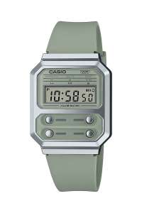 Montre Casio digitale à quartz en résine, Chronomètre, Gris-vert et argenté