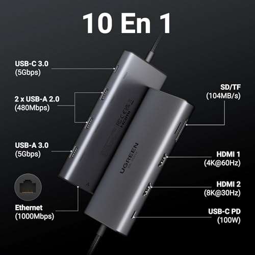 Hub USB-C UGREEN Revodok Pro 210, 2x HDMI 4K60Hz 8K30Hz 10 en 1 Adaptateur USB-C vers USB RJ45 Gigabit PD 100W (vendeur tiers)