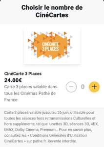 Lot de 3 places de cinéma - CinéCarte Pathé