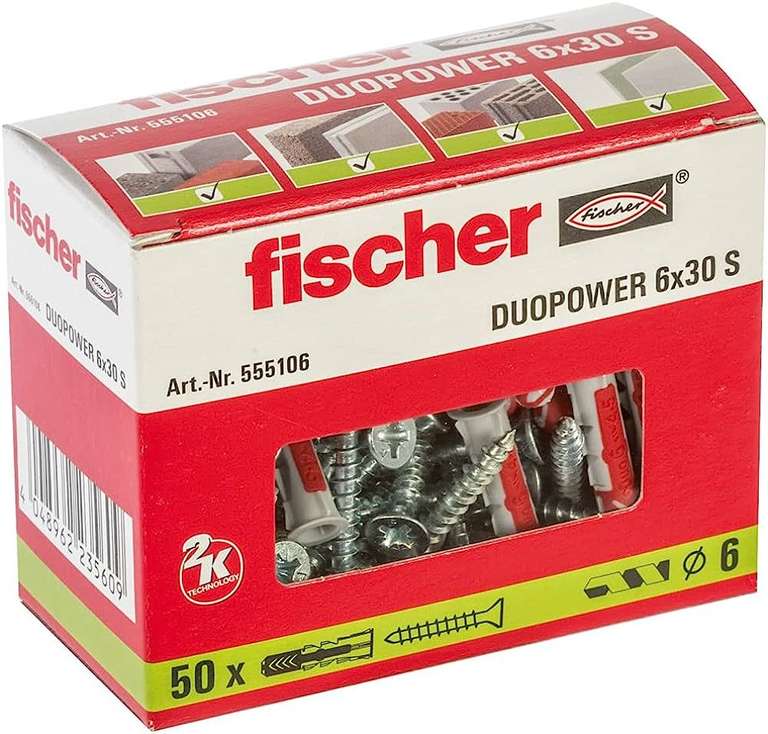Boîte de 50 Chevilles bi-matière et multi-matériaux avec vis Fischer Duopower - 6x30 mm