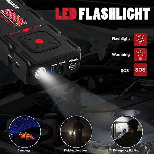Booster Batterie pour Voiture Tishow - 3000A, 12v, Lampe LED, Charge QC3.0 - Noir (Vendeur tiers)