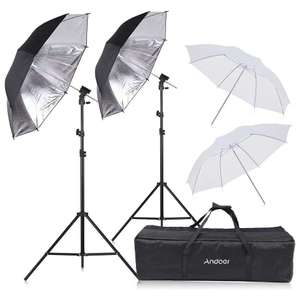 Kit de studio photo Andoer : 2 Trépied 75-200cm + 4 Parapluies 83cm (2 Blanc + 2 Noir/Argent) + 2 Supports type-B + Sac (Entrepôt Allemagne)