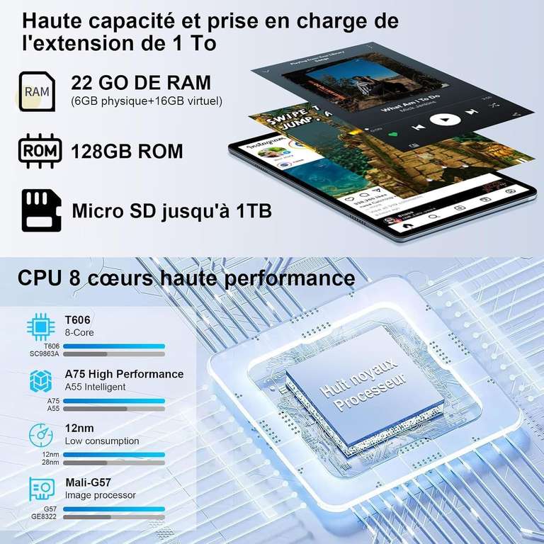 Tablette Android 15 FEZAWIO F12 - 10 Pouces, 30 Go RAM, 128 Go ROM, 5G WiFi, Widevine L1 - Avec Clavier Et Souris - 9