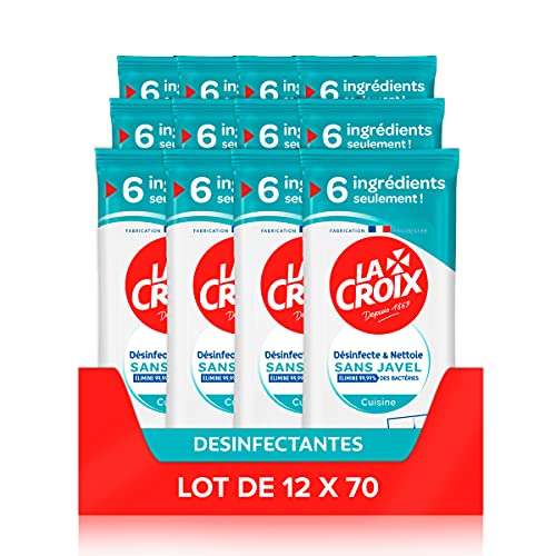 Lot de 12 paquets de lingettes nettoyantes La Croix Désinfectant sans Javel - 12 x 70