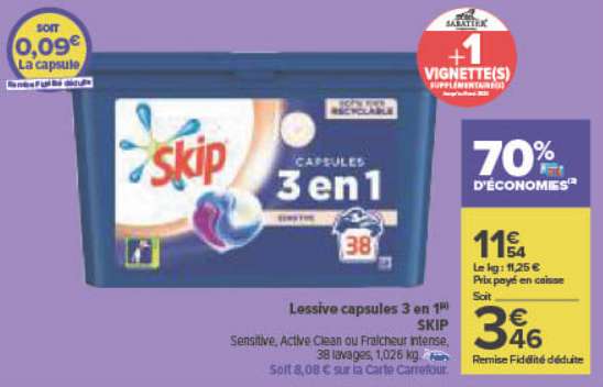 Lessive en capsules Skip Sensitive 3-en-1 - 38 Lavages, Diverses variétés (Via 8.08€ sur Carte fidélité)