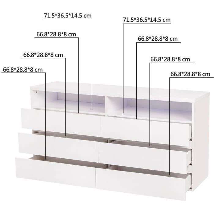 Commode Lux - 6 tiroirs & 2 niches, avec lumière LED, blanc, L 150 x P 40 x H 77 cm (+ 7,50€ à cagnotter pour les CDAV)
