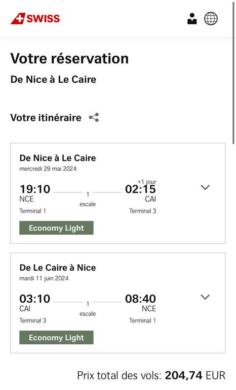 Vol Aller-retour Nice (NCE) <-> Le Caire (Égypte) - Du 29 Mai au 11 Juin (Avec escale, Bagage cabine de 8 kg)
