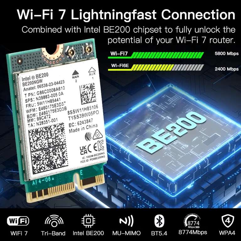 Carte WiFi 7 Pcie Fenvi-Adaptateur wifi sans fil Intel BE200 Pcie 8774Mbps,  Bluetooth 5.4, LeicBand 2.4G/5G/6GHz –
