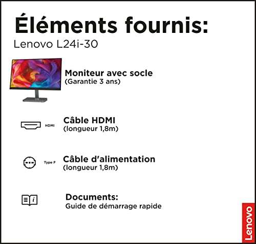 Écran PC 23.8" Lenovo L24i-30 - Full HD, dalle IPS, 75 Hz, 4 ms, FreeSync, compatible VESA, réglage en inclinaison