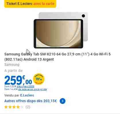 Tablette 11" Samsung Galaxy Tab A9+ Wifi 64 Go ( avec 70€ sur la carte )