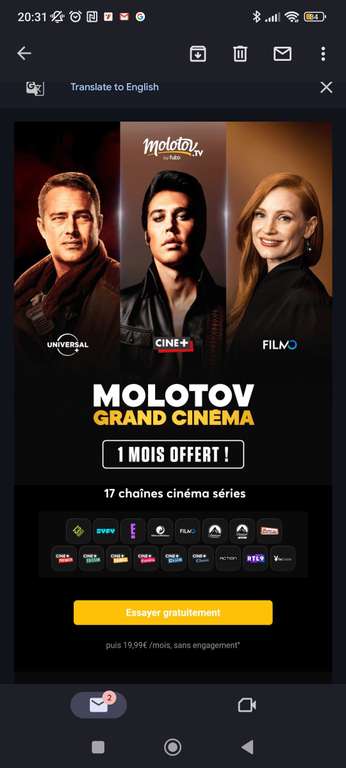 1 mois offert de Molotov grand cinéma (Sans engagement)