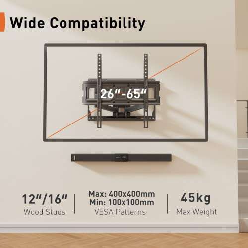 Support TV mural à double bras orientable Perlegear - inclinable, 26" à 65", jusqu'à 45 kg, max.VESA 400x400 (vendeur tiers)