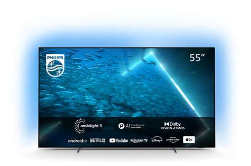 TV 55" Philips 55OLED707 - 4K UHD, 120Hz, Ambilight 3 côtés, Android TV, Son Dolby Atmos, HDMI 2.1, HDR10+, HLG