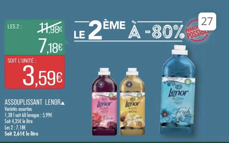 Lot de 2 bouteilles d'assouplissant Lenor - 60 lavages, différentes variétés (Via 40% d'ODR Envie de plus) Soit l’unité à 2,15€