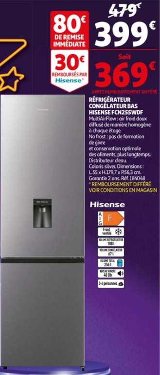 Réfrigérateur combiné HiSense FCN255WDF - 255 L, Froid ventilé, F (Via ODR de 30€)