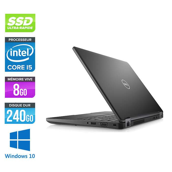 PC Portable 14" Dell Latitude 5490 - WXGA, i5-7300U, RAM 8 Go, SSD 240 Go, 3x USB 3.0, HDMI/DP/VGA/RJ45, W10 (Reconditionné - Garantie 1 an)