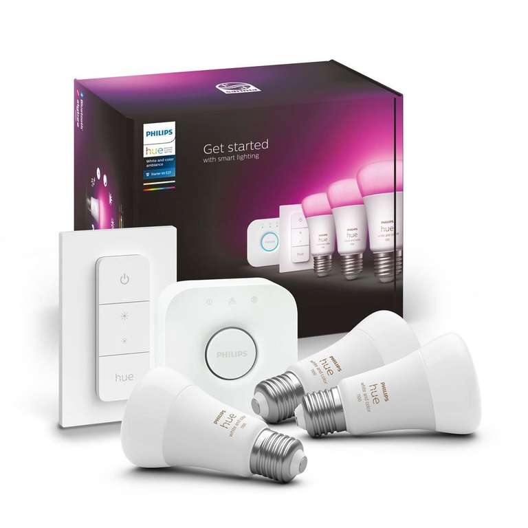 Pack Philips Hue : 3 Ampoules White & Color Ambiance E27 (1100 lm) + Pont de connexion + Télécommande Dimmer Switch