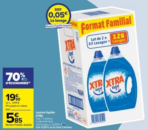 Lot de 2 bidons de Lessive Liquide Xtra Total - 2x 63 soit 126 lavages,  différentes variétés (Via 13,65€ sur Carte fidélité) –