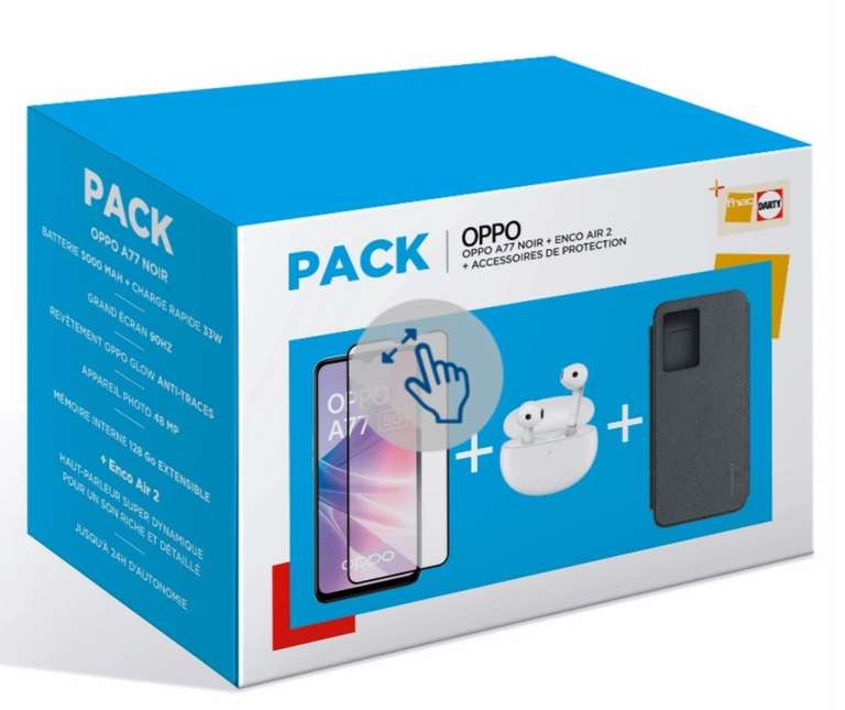 Pack Smartphone 6.56" Oppo A77 5G (128 Go, Noir) + Ecouteurs sans fil Oppo Enco Air 2 + Verre Trempé + Coque FD