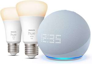 Assistant vocal Amazon Echo Dot 5 (2022) avec Horloge - Coloris au choix + 2 Ampoules connectées Philips Hue White (E27)