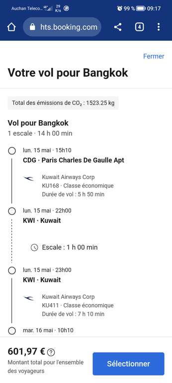 Vol A/R Paris (CDG) <-> Bangkok (BKK) avec bagage en soute, du 15 mai au 2 juin via la compagnie Kuwait Airways