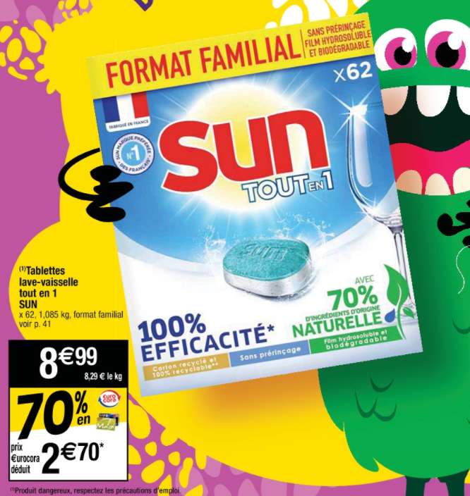Paquet de 62 Tablettes lave-vaisselle Sun Tout-en-1 (via 6.29€ sur la carte fidélité)