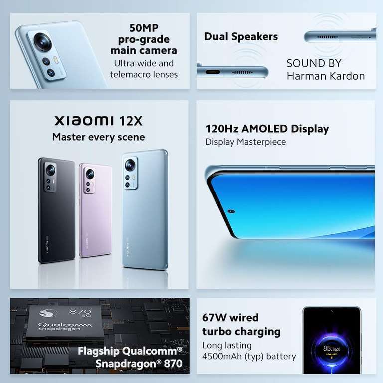 Smartphone 6.28" Xiaomi 12X - 5G, FHD+ 120 Hz, Snapdragon 870, RAM 8 Go, 256 Go, 50 MP, Charge 67W