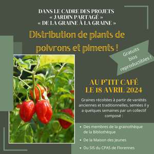 Distribution gratuite de plants de poivrons et de piments bio reproductibles + Café ou thé offert - Florennes (Frontaliers Belgique)