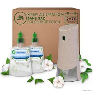 Désodorisant Maison Spray Automatique Sans Gaz Air Wick Active Fresh - Diffuseur + 2 Recharges Parfum Douceur de Coton (2x70 jours) + piles