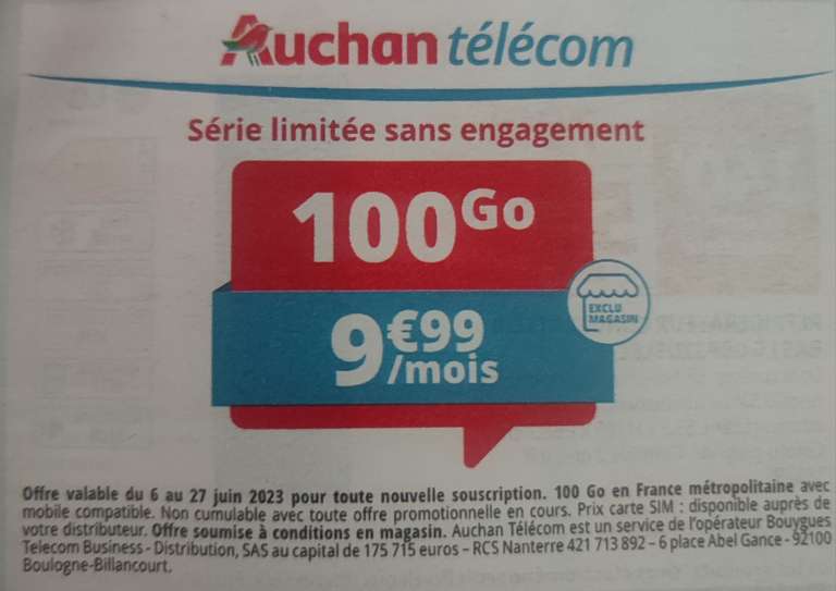 Forfait Mobile Auchan Télécom - Appels / SMS / MMS illimités + 100 Go de DATA + 10Go en Europe (Sans Engagement)