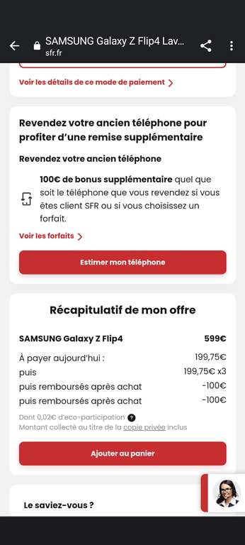 [Clients SFR] Smartphone 6.7" Samsung Galaxy Z Flip 4 - 128 Go (Via ODR de 100€ + 100€ via reprise d'un téléphone)
